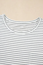 Stripe Cap Sleeve Crew Neck Casual Tee with Chest Pocket