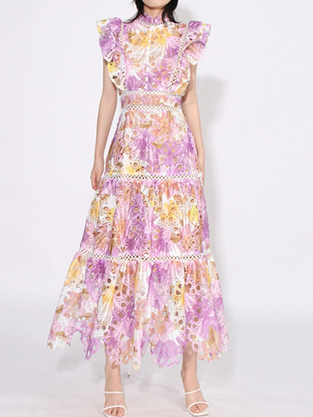 Ruffled Hollow Out Tiered Midi Dress