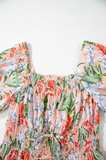 Floral Smocked Square Neck Puff Short Sleeve Midi Dress