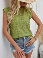 Eyelet Round Neck Cap Sleeve Top