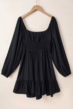 Solid Color Long Sleeve Shirred Drawstring Ruffle Mini Dress