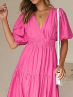 V-Neck Puff Sleeve Midi Dress