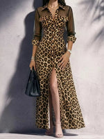 Full Size Leopard Sheer Mesh Long Sleeve Button-Down Maxi Dress Plus Size