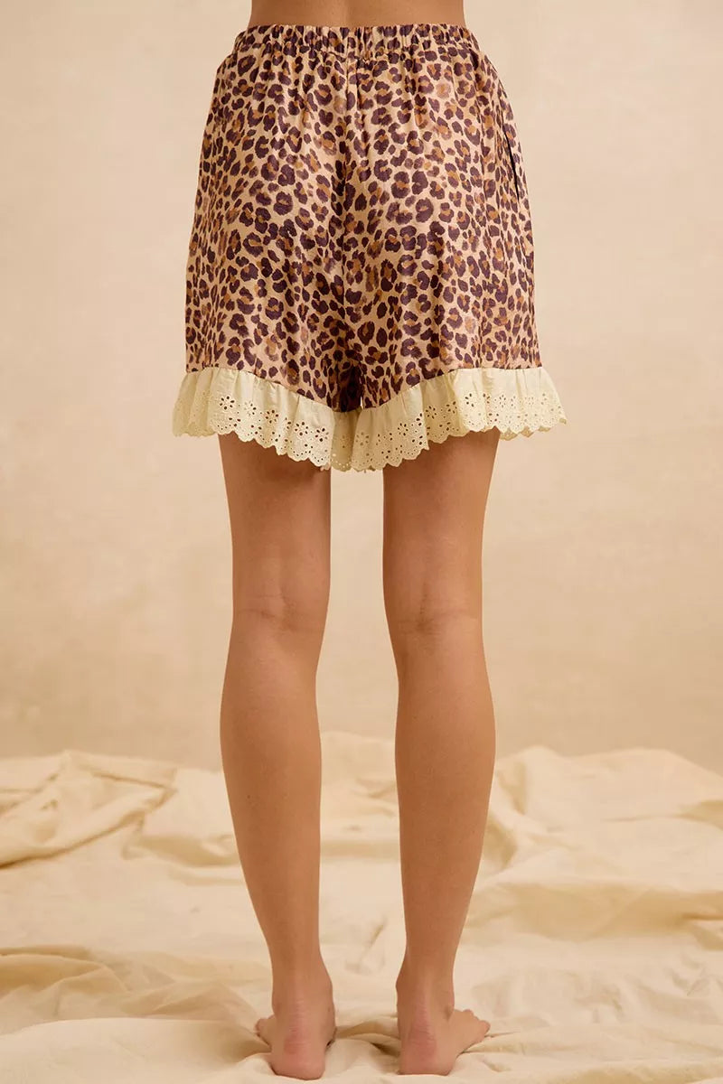 BiBi Leopard and Eyelet Lace Ruffled Top and Shorts Set