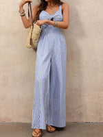Striped Cutout Knot Front Wide Leg Jumpsuit