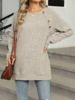 Round Neck Side Slit Ribbed Knit Top with Asymmetric Button Detail