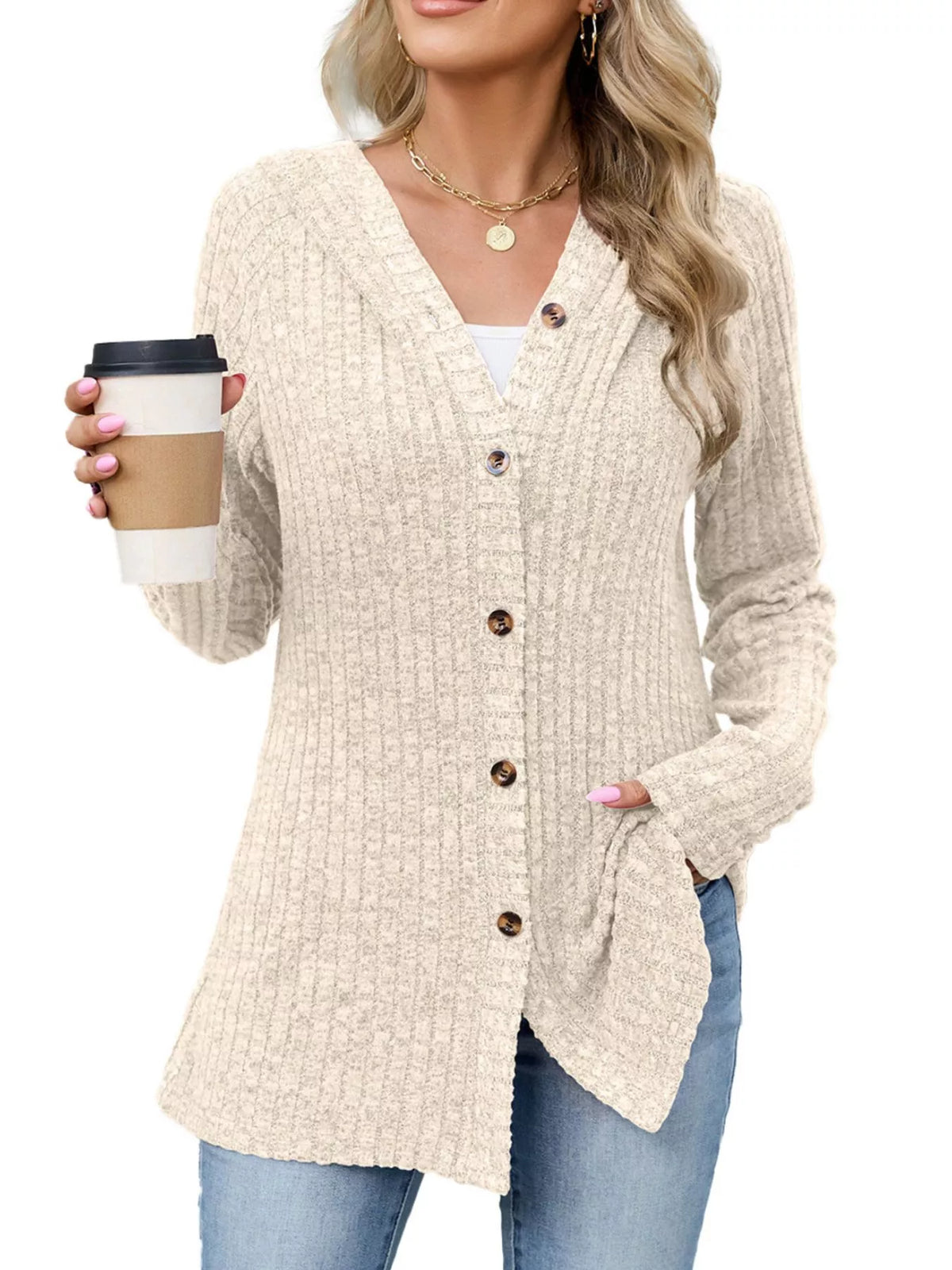 Ribbed Knit Hooded Button-Down Cardigan