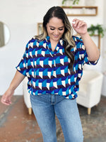 Double Take Full Size Geometric Notched Half Sleeve Blouse