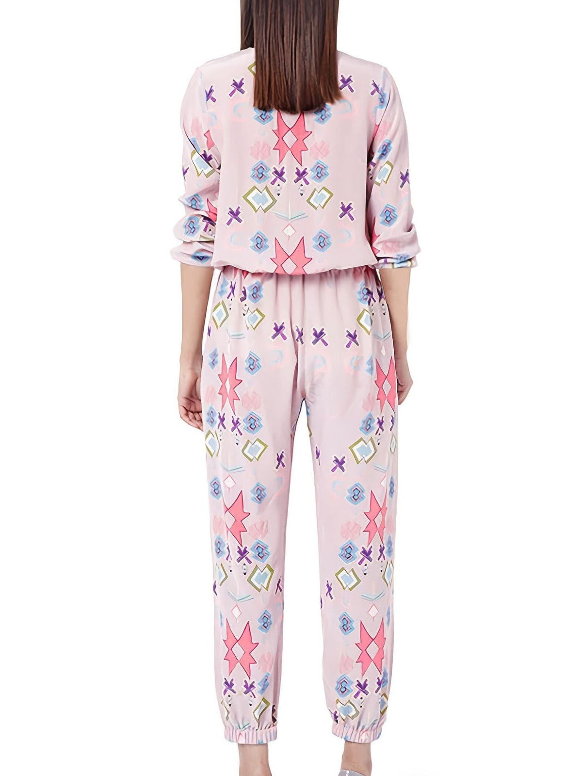 Printed Round Neck Long Sleeve Top and Pants Lounge Set