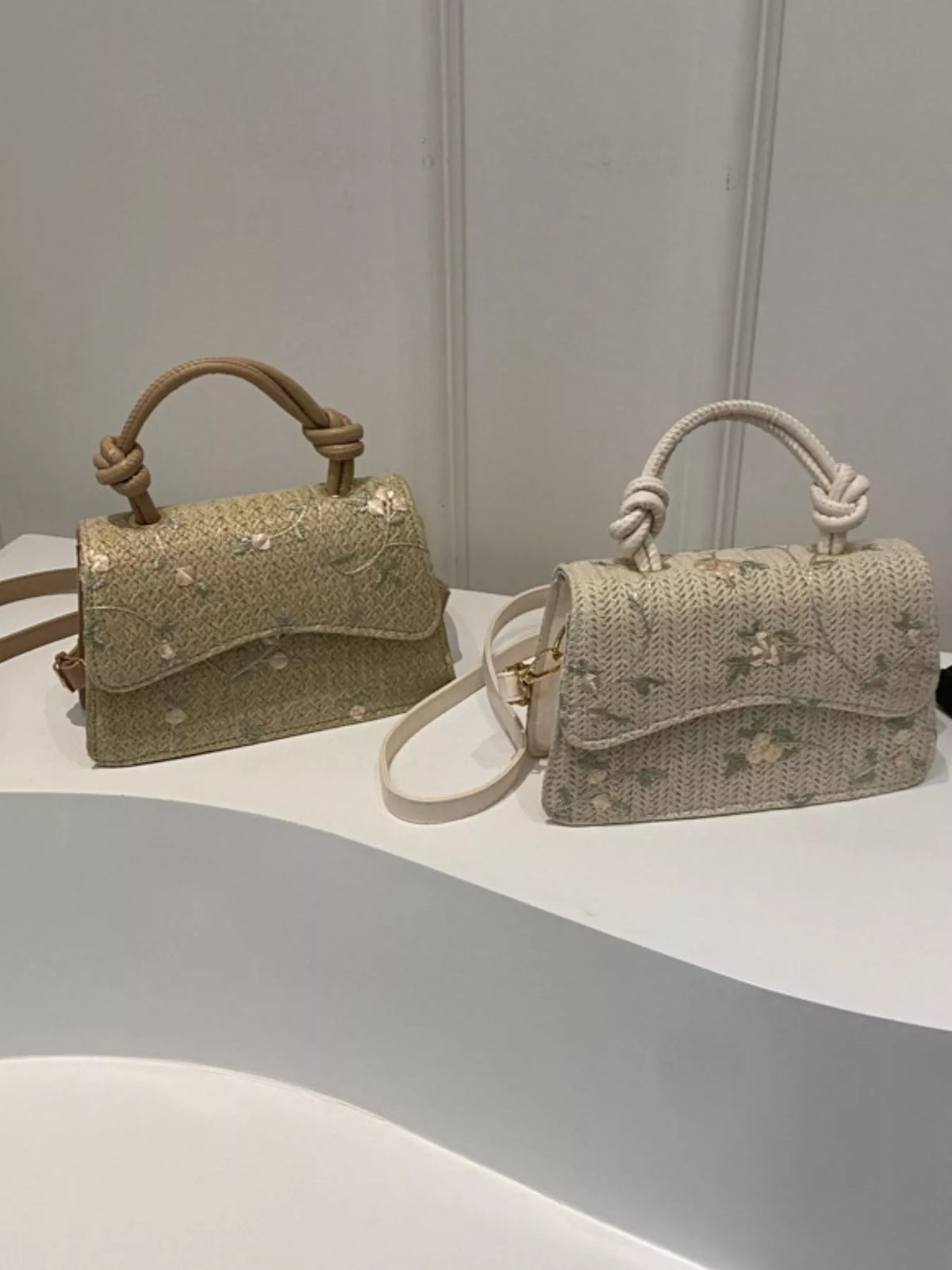 Floral Embroidered Straw Woven Crossbody Bag