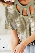BiBi Tie Dye Print Waffle Top with Contrast Caged Neck