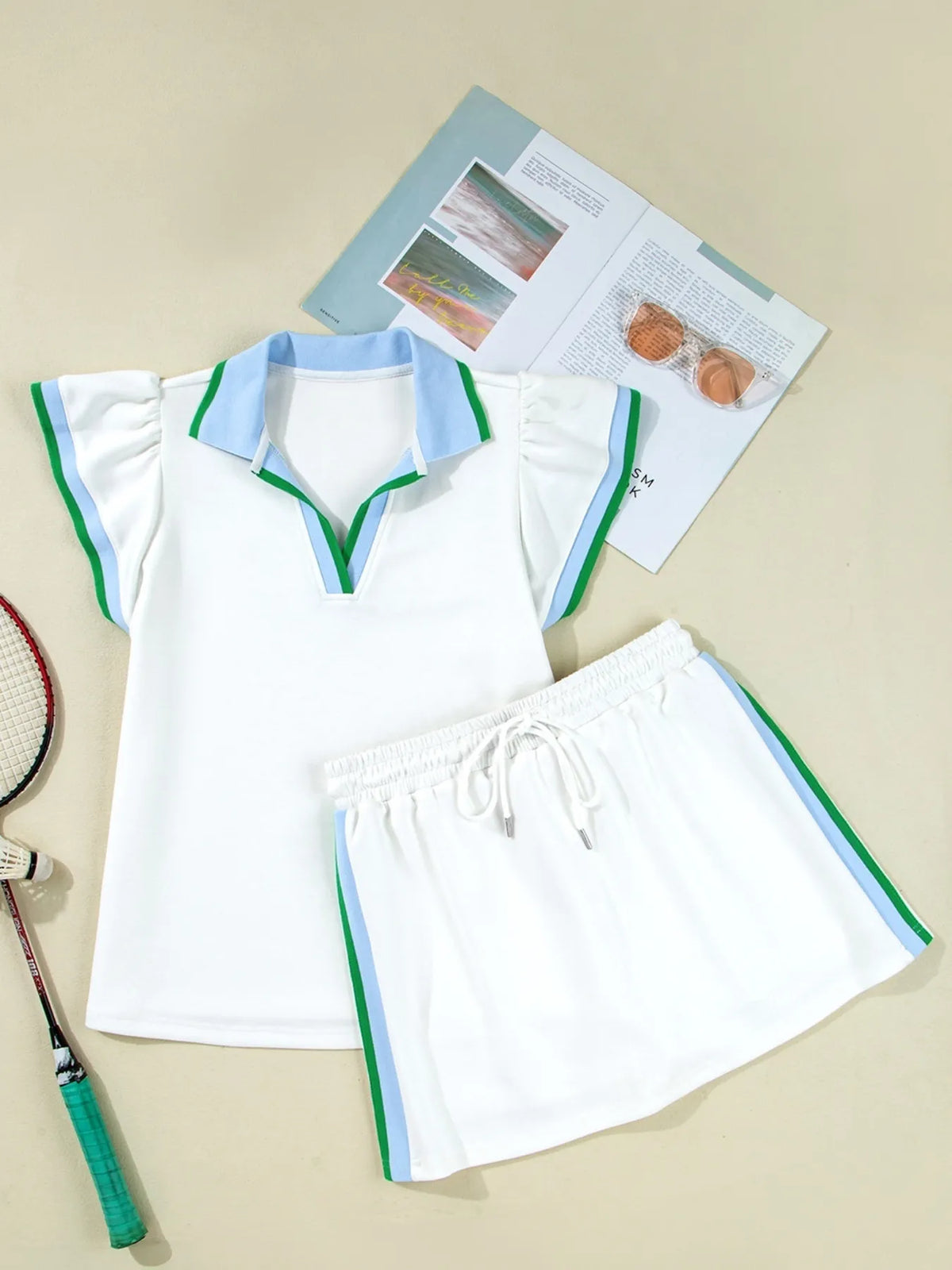 Contrast Trim Top and Mini Skirt Set