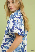 Umgee Lush Blossom Print Puff Sleeve Top with Ruffle Trim Detail