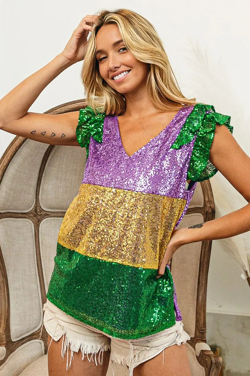 BiBi Mardi Gras Sequin Color Block RuffledTop