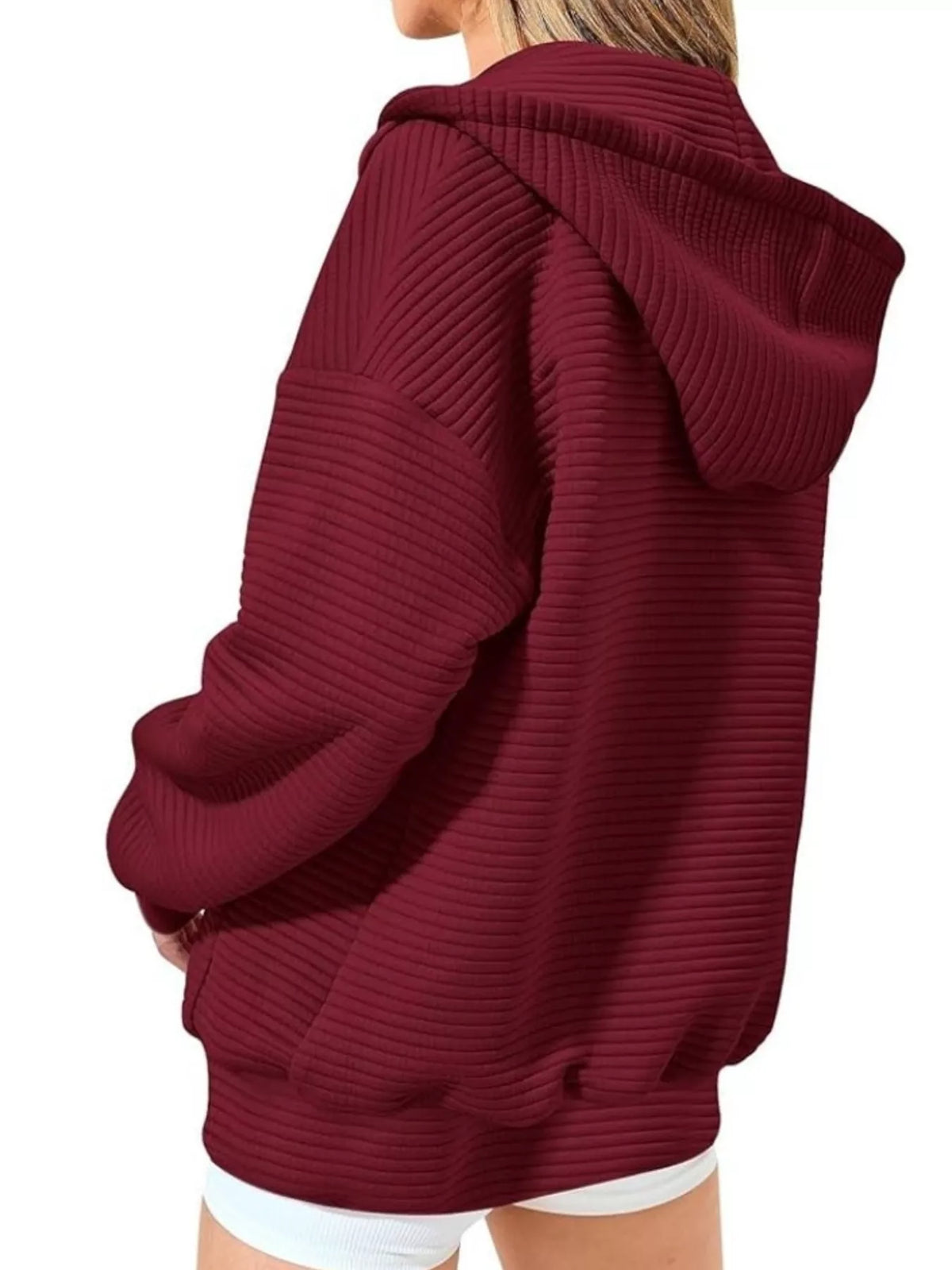 Drawstring Zip Up Dropped Shoulder Hoodie