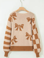Ribbon Bow Checkered Striped Sleeve Drop Shoulder Sweater