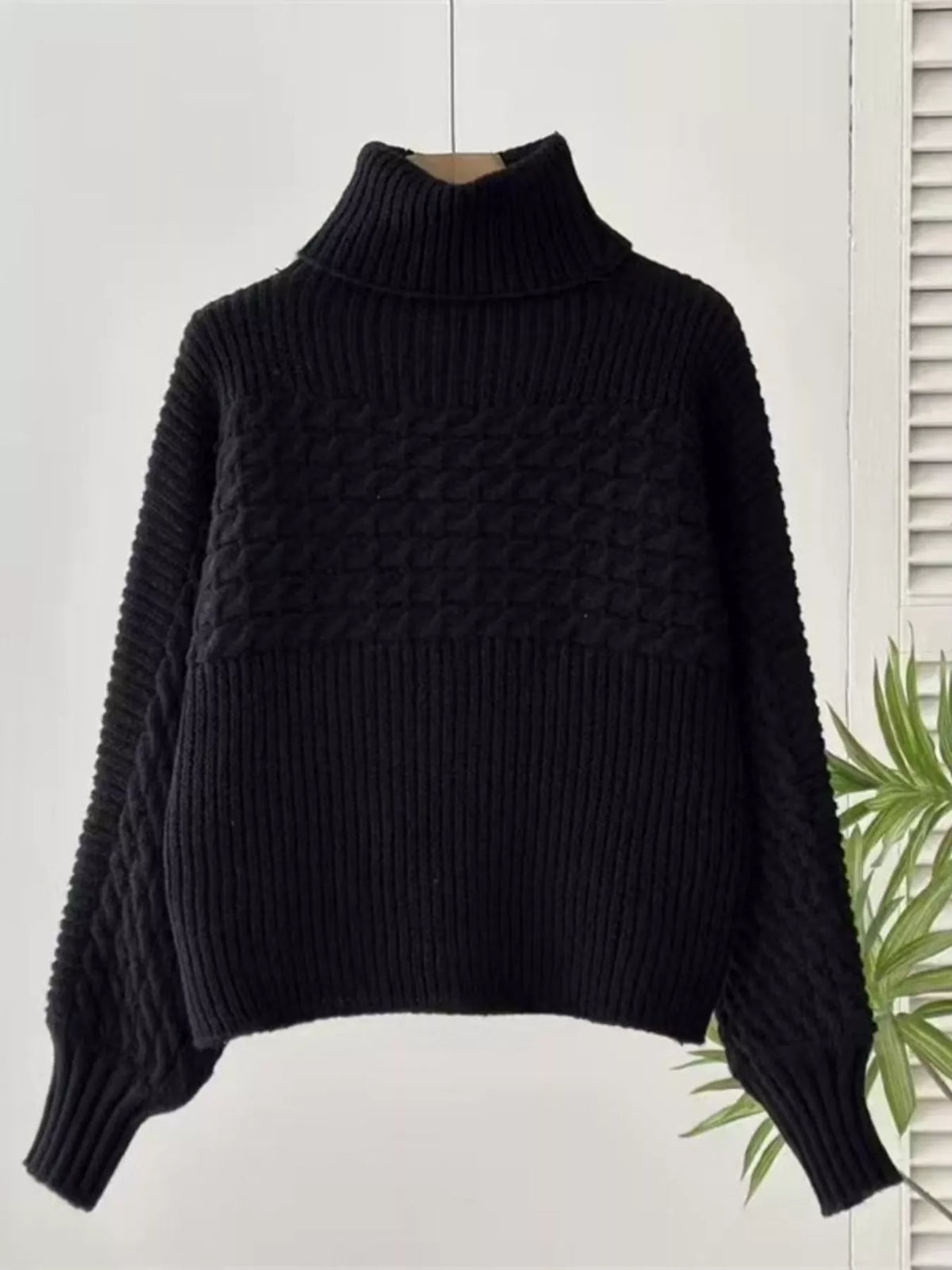 Textured Knit Turtleneck Long Sleeve Sweater