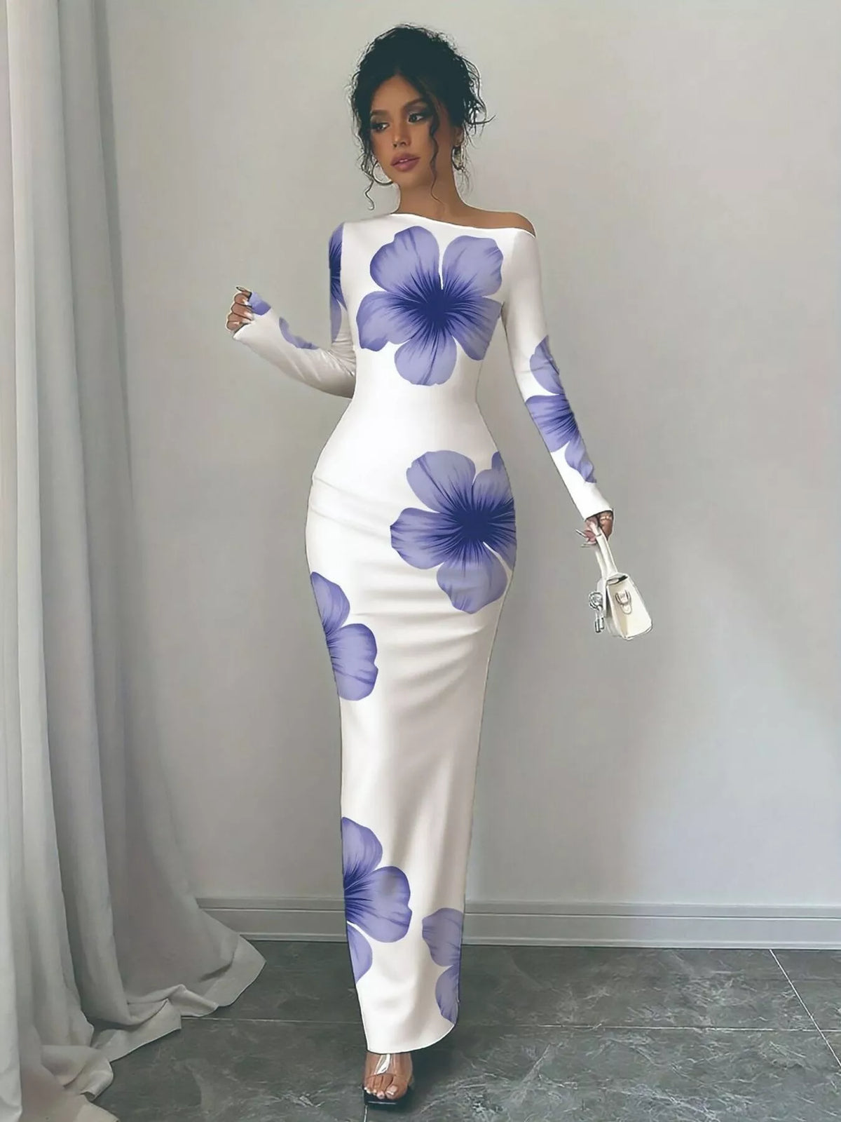 Floral Print One Shoulder Maxi Dress