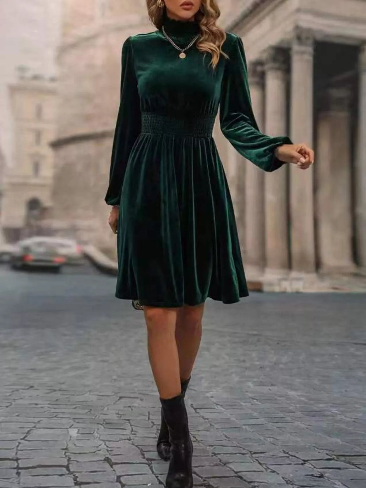 Velvet High Neck Long Sleeve A-Line Dress
