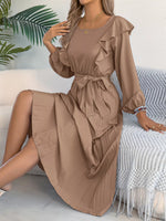 Ruffle Trim Pleated A-Line Midi Dress