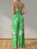 Tropical Print Spaghetti Strap Crop Top and Wide Leg Pants Set