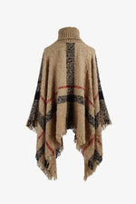 Plaid Turtleneck Raw Hem Poncho