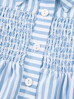 Stripe Shirred Detail Half Placket Collared Long Sleeve Shirt