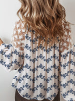 Printed Tie Neck Lace Long Sleeve Blouse