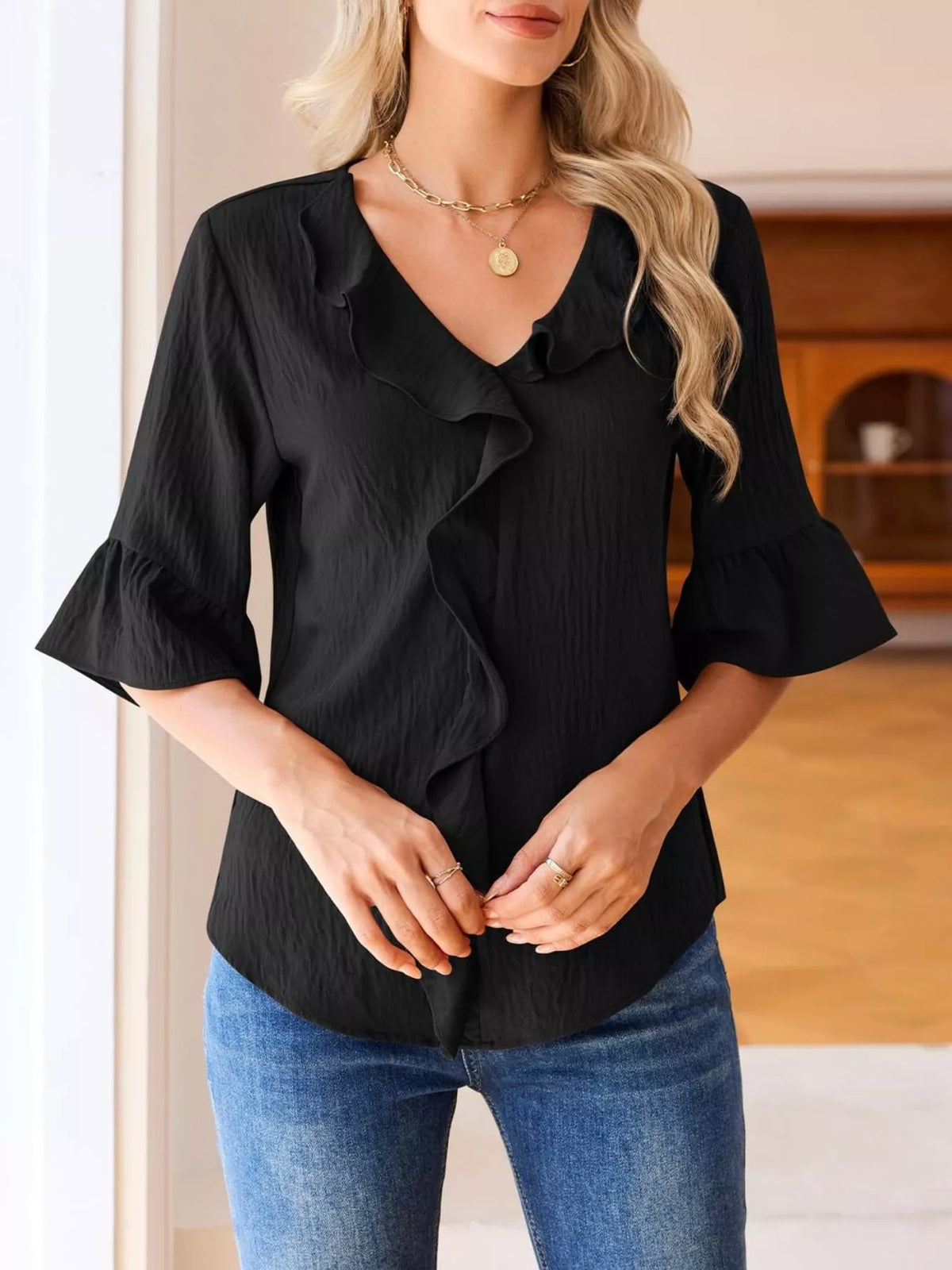Ruffle Trim V-Neck Blouse
