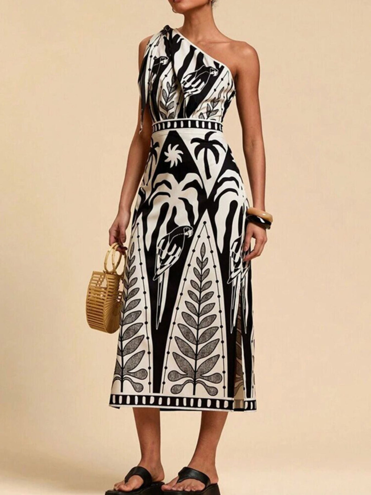 One-Shoulder Tropical Print Midi Dress