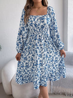 Floral Print Long Sleeve Square Neck Midi Dress