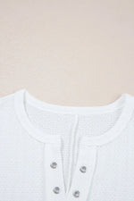 Textured Hollow Grommet Placket Split Neck Short Sleeve Top