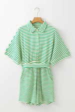 Striped Half Sleeve Tie Waist Romper