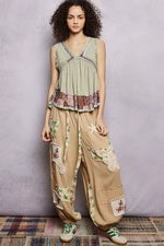 POL Lace Detail Ruffled Ribbed Sleeveless Top with Floral Pattern Trim Detail