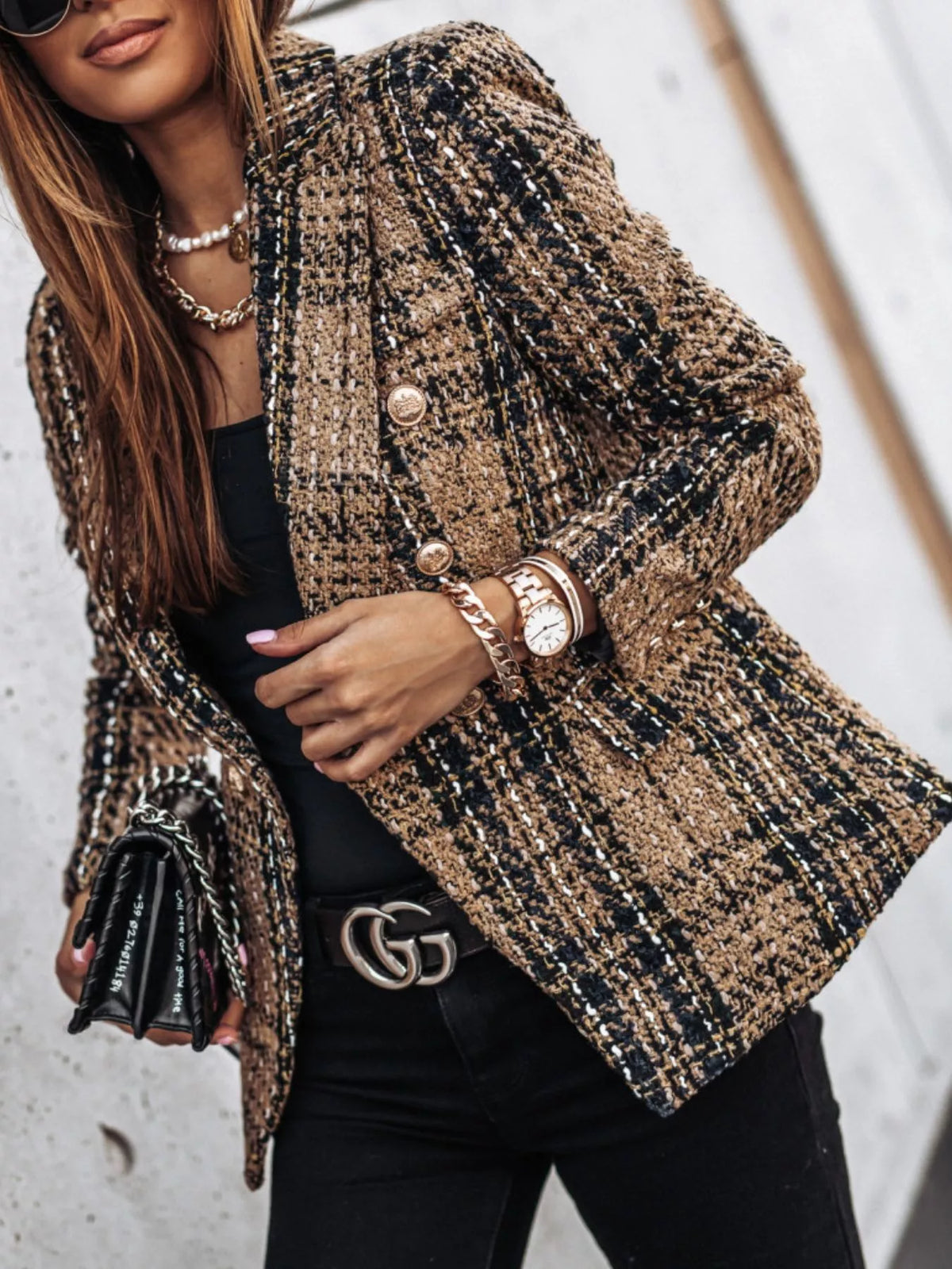 Full Size Plaid Tweed Double-Breasted Blazer Plus Size