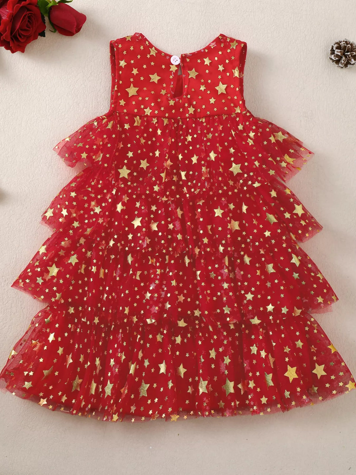 Children's Star Print Pom-Pom Embellishments Tulle Dress