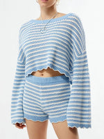 Scalloped Edges Striped Top and Shorts Set