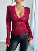 Lace Deep V-Neck Long Sleeve T-Shirt