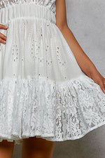 POL Halter Lace Patch Ruffle Mini Dress with Adjustable Tie on Back