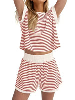 Full Size Contrast Striped T-Shirt and Shorts Set Plus Size