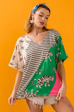 BiBi Tiger W Stripe Contrast Color Block V Neck Top