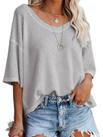 Waffle Knit V-Neck Short Sleeve T-Shirt