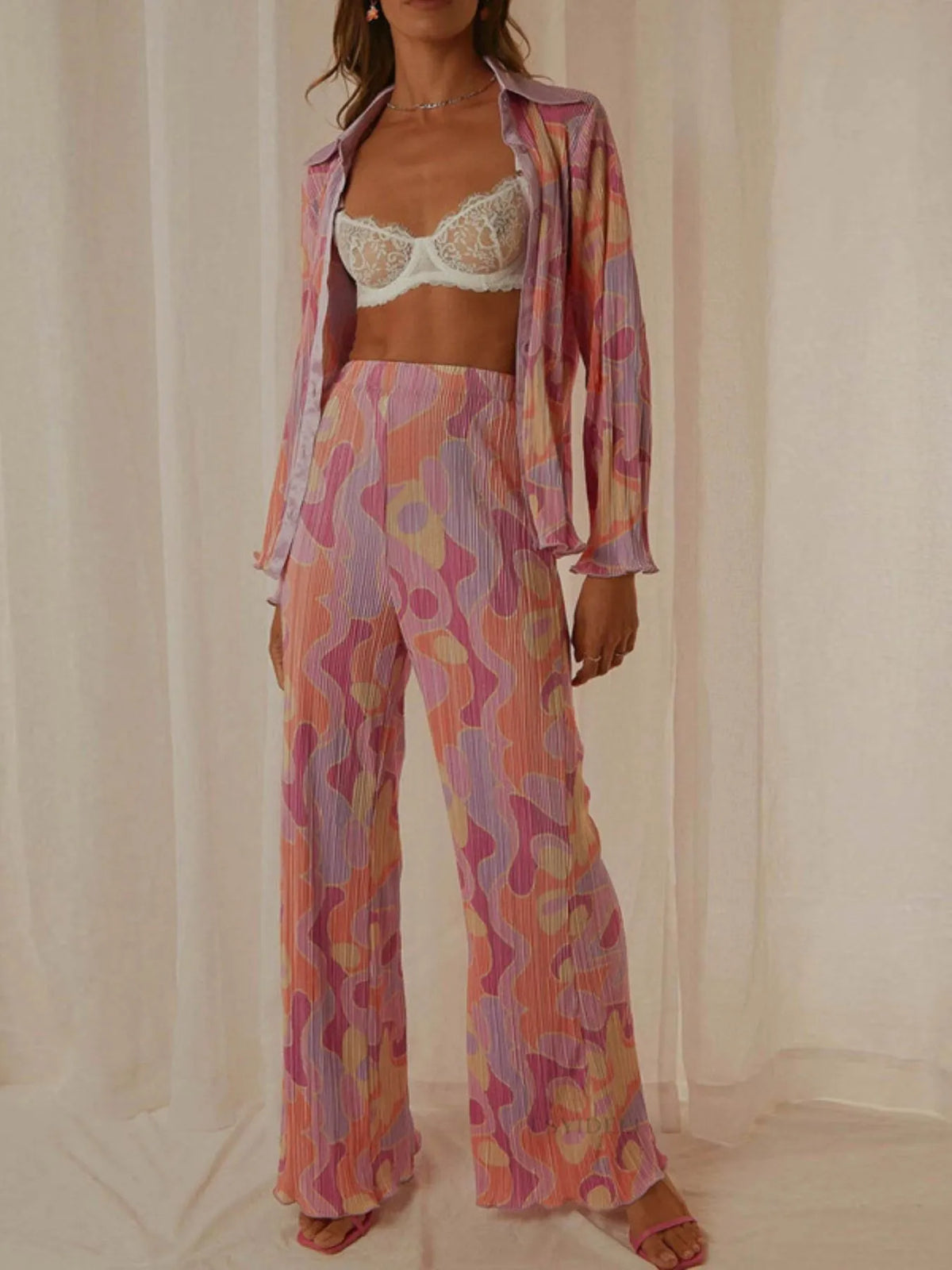 Printed Button Up Shirt and Pants Set