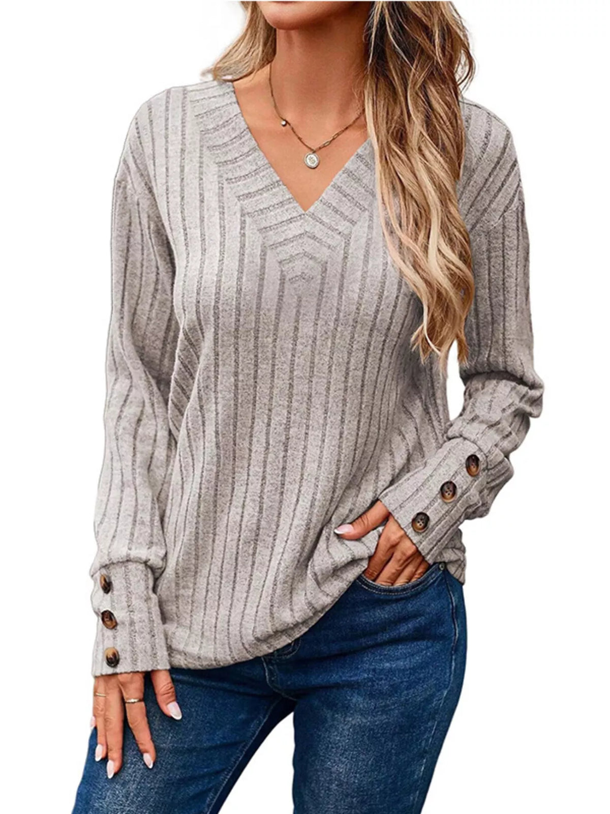 Ribbed V-Neck Long Sleeve Top