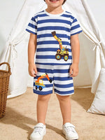 Children's Striped Excavator Print Tee and Shorts Set