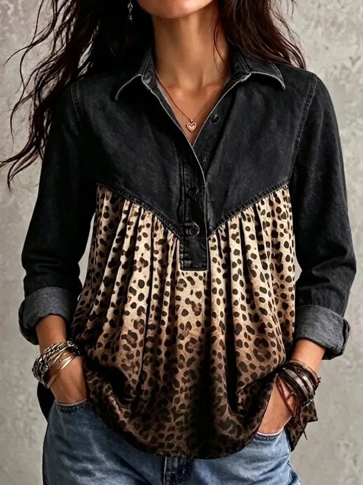 Full Size Leopard Button Detail Blouse Plus Size