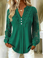 Lace Long Sleeve Notched Blouse