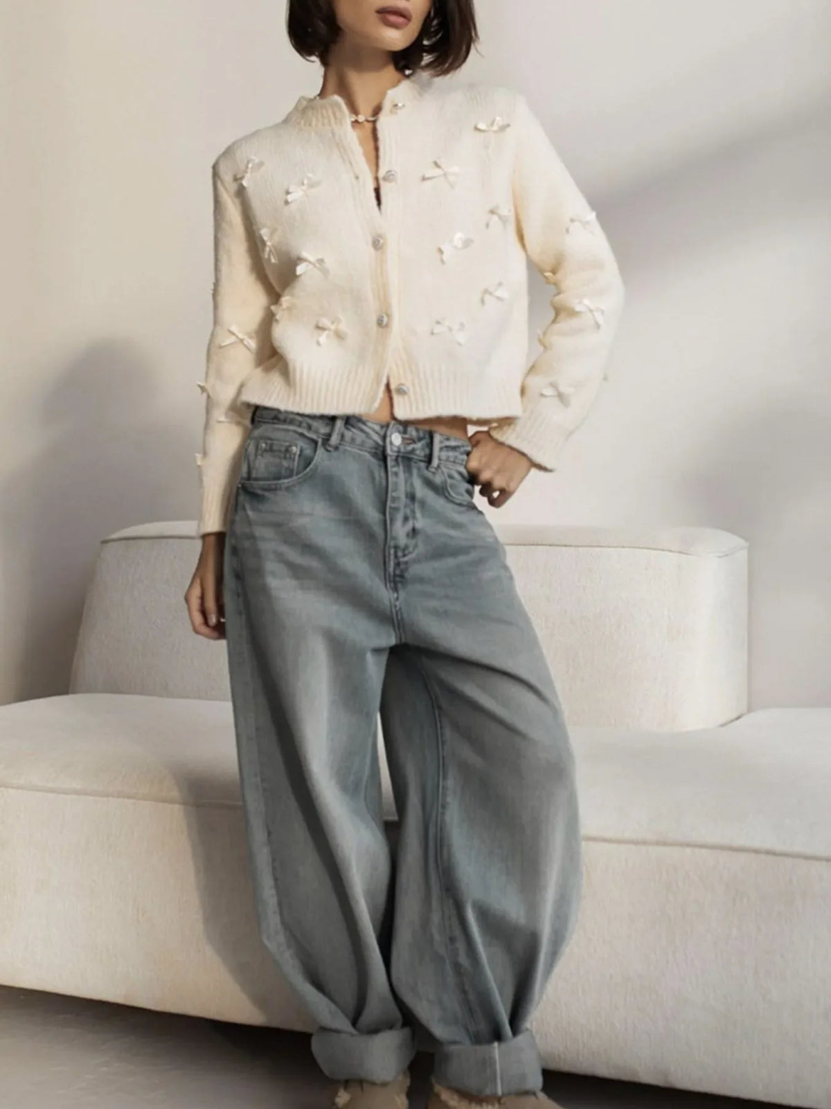 Bow Button Up Long Sleeve Cardigan