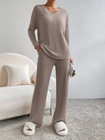 Ribbed Knit V-Neck Top and Pants Set