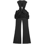 Deep V-Neck Knot-Front Flare Leg Jumpsuit